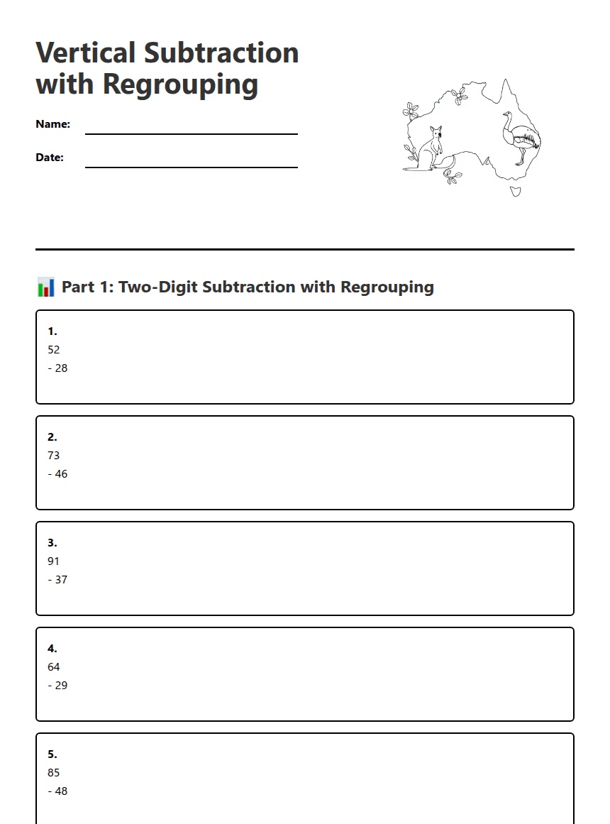 Vertical Subtraction with Regrouping worksheet preview