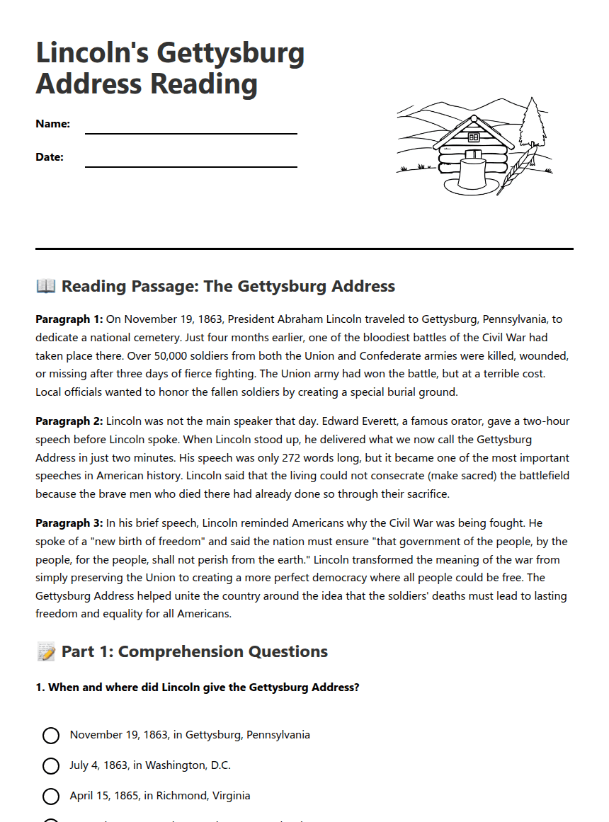 Lincoln's Gettysburg Address Reading worksheet preview