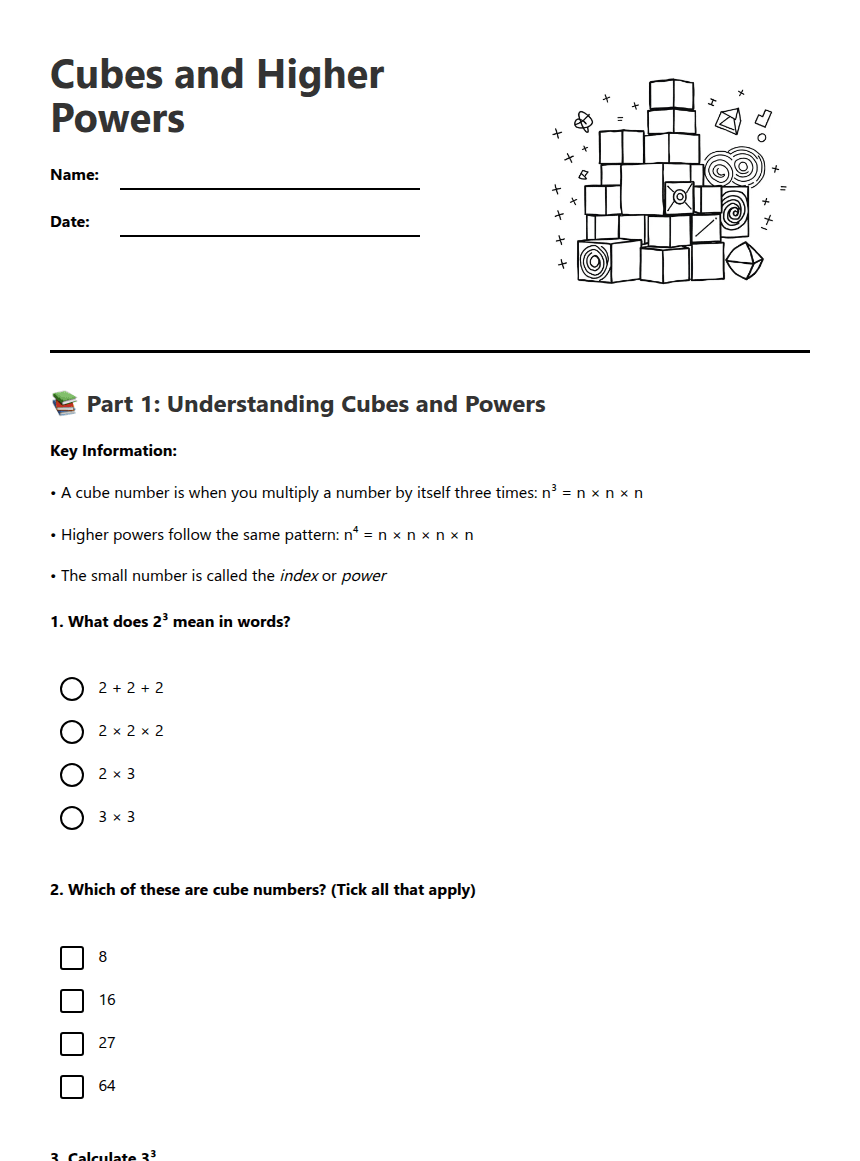 Cubes and Higher Powers worksheet preview
