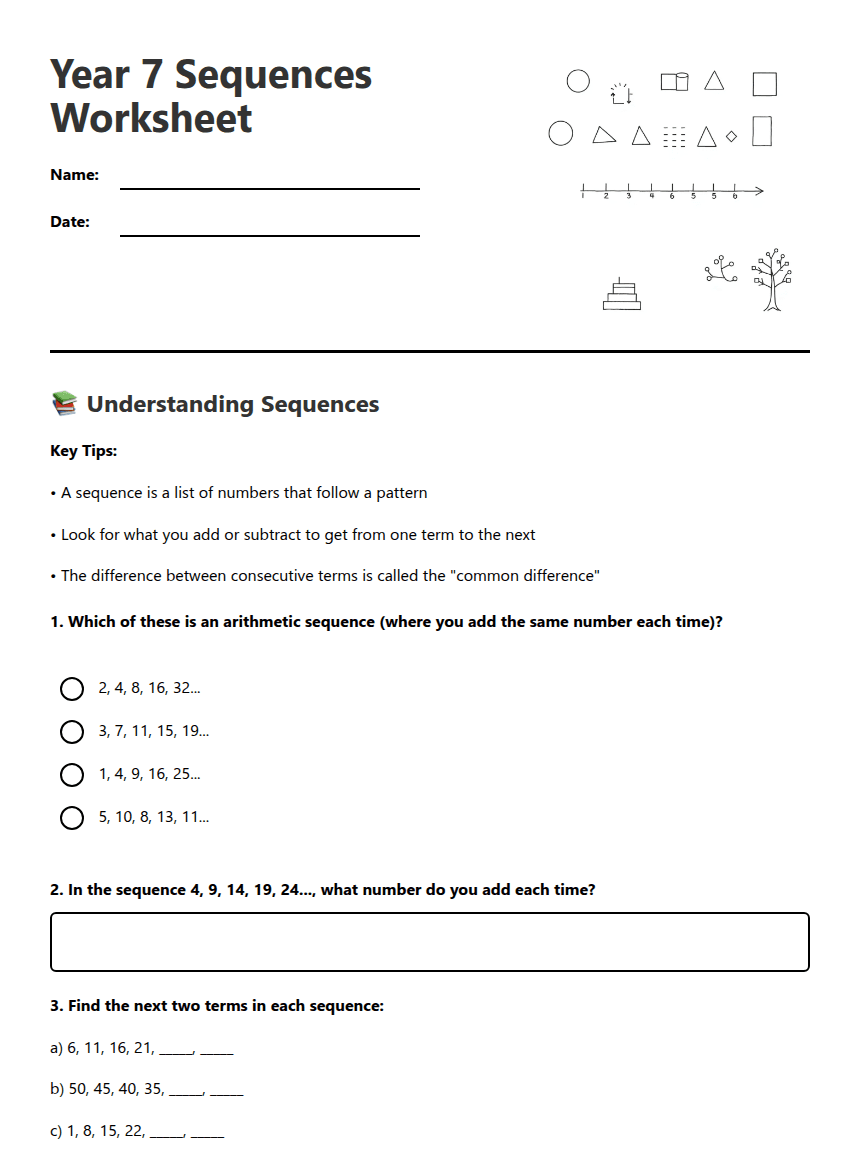 Year 7 Sequences Worksheet worksheet preview