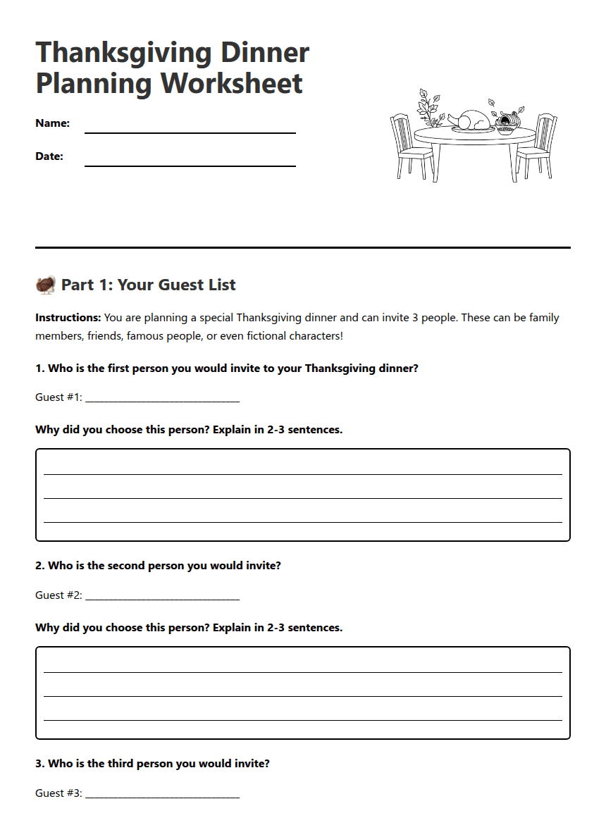 Thanksgiving Dinner Planning Worksheet worksheet preview