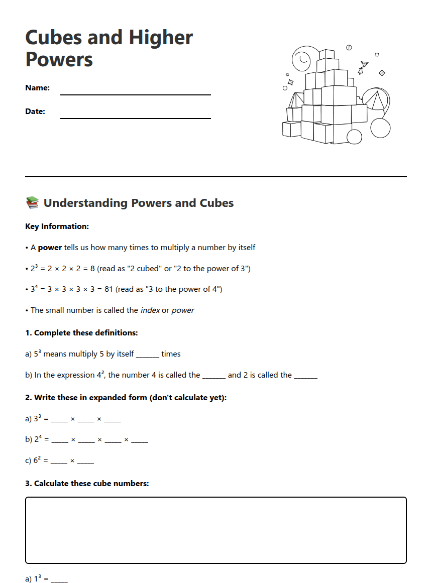 Cubes and Higher Powers worksheet preview