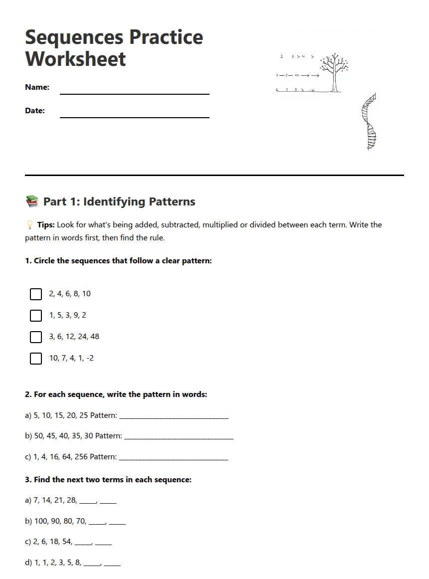 Sequences Practice Worksheet worksheet preview