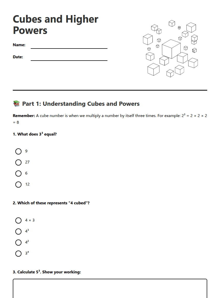 Cubes and Higher Powers worksheet preview