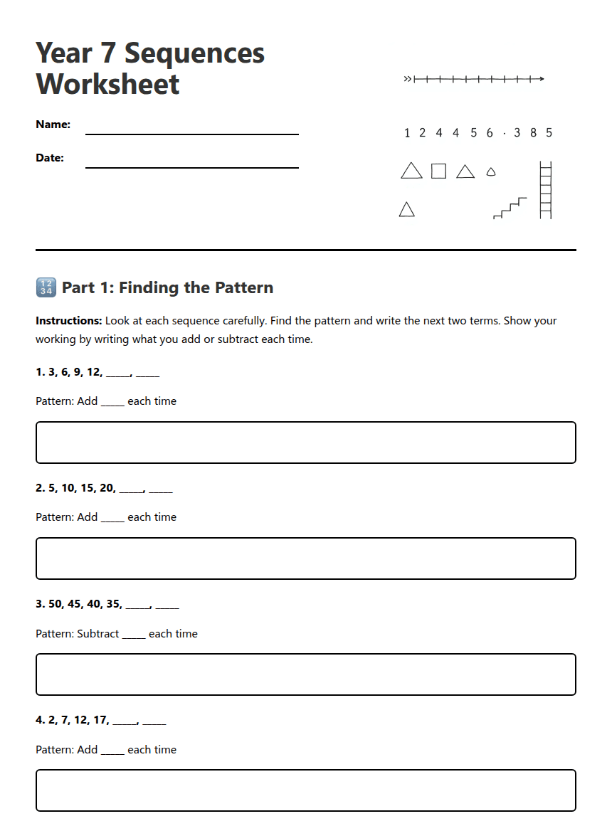 Year 7 Sequences Worksheet worksheet preview