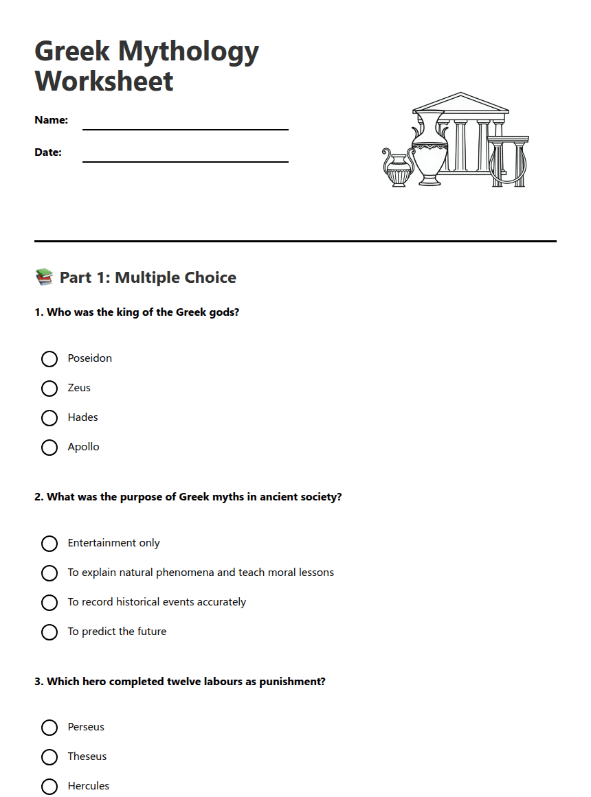 Greek Mythology Worksheet worksheet preview