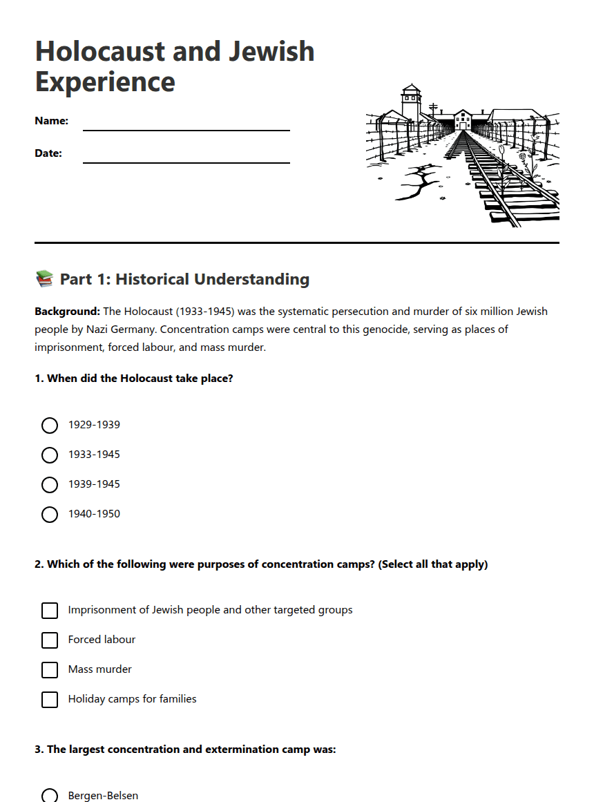 Holocaust and Jewish Experience worksheet preview