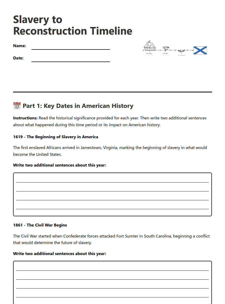 Slavery to Reconstruction Timeline worksheet preview