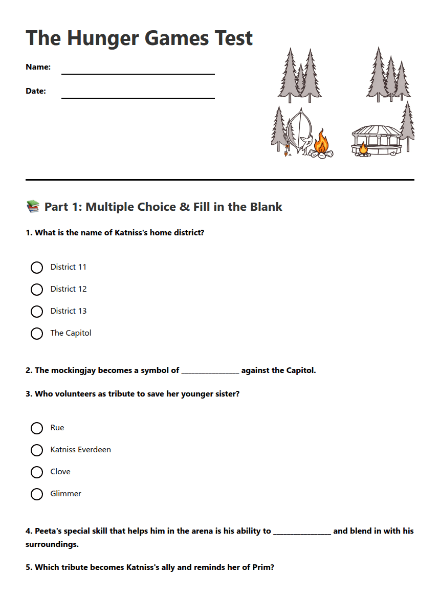 The Hunger Games Test worksheet preview