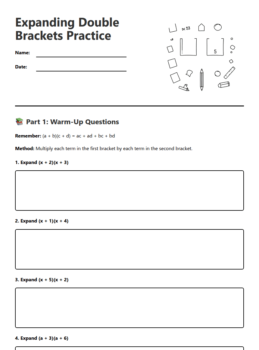 Expanding Double Brackets Practice worksheet preview