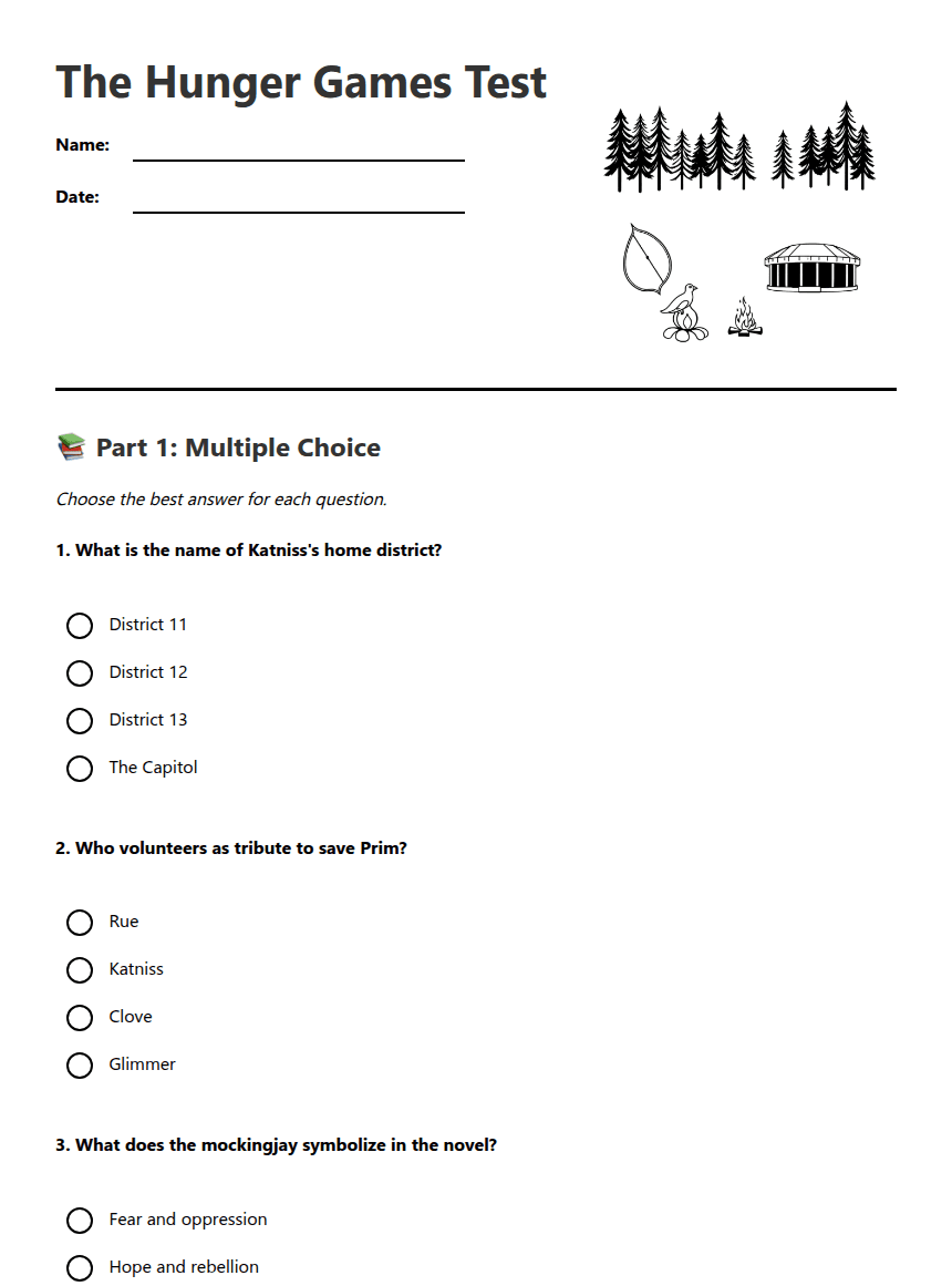 The Hunger Games Test worksheet preview