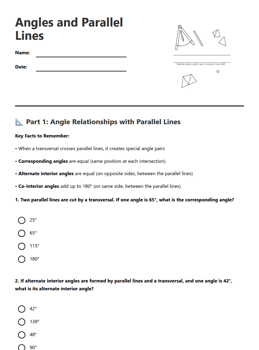 Angles and Parallel Lines worksheet preview
