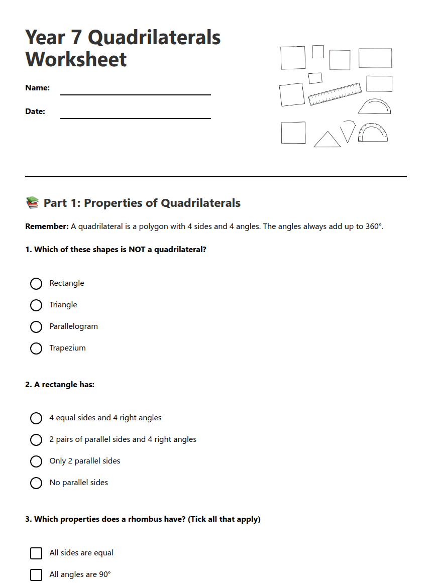 Year 7 Quadrilaterals Worksheet worksheet preview