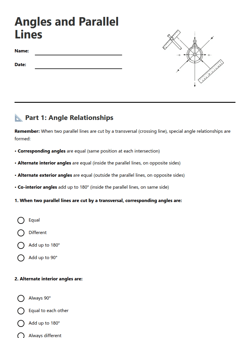 Angles and Parallel Lines worksheet preview