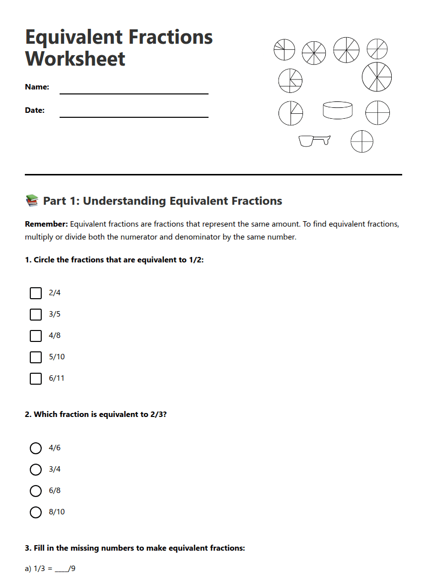 Equivalent Fractions Worksheet worksheet preview