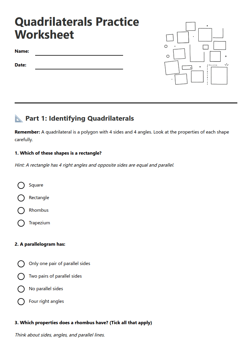 Quadrilaterals Practice Worksheet worksheet preview
