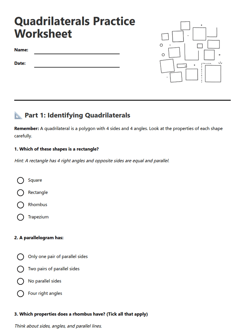 Quadrilaterals Practice Worksheet