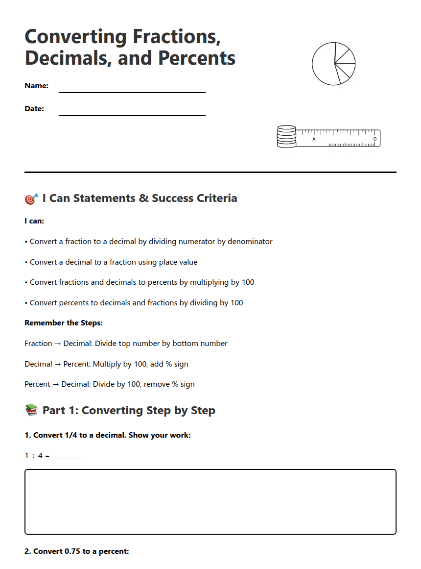 Converting Fractions Decimals Percents worksheet preview