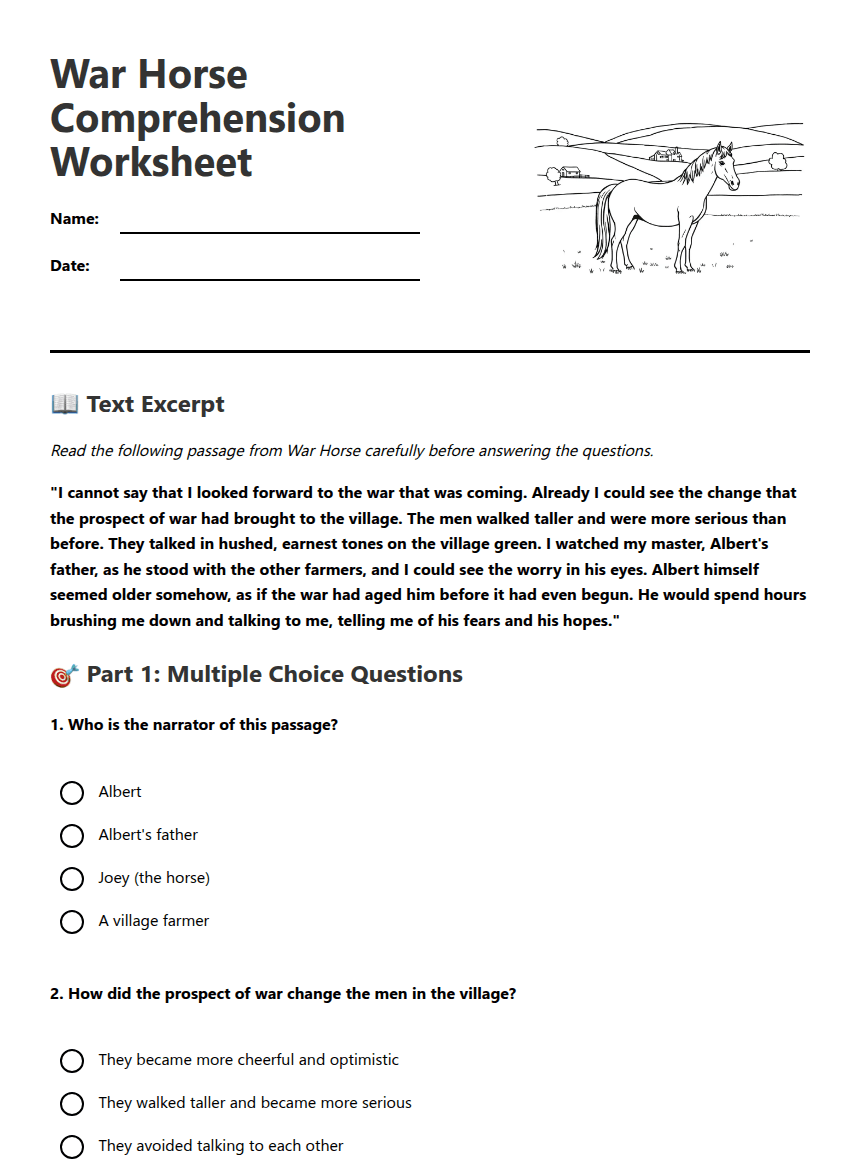 War Horse Comprehension Worksheet worksheet preview