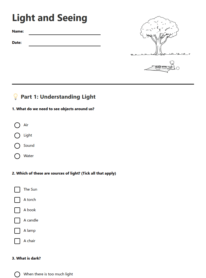 Light and Seeing worksheet preview