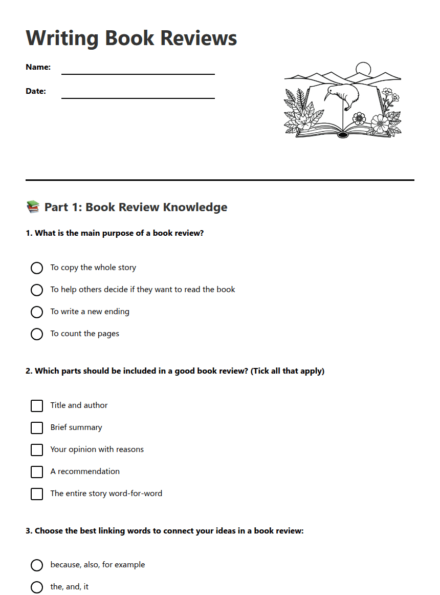 Writing Book Reviews worksheet preview