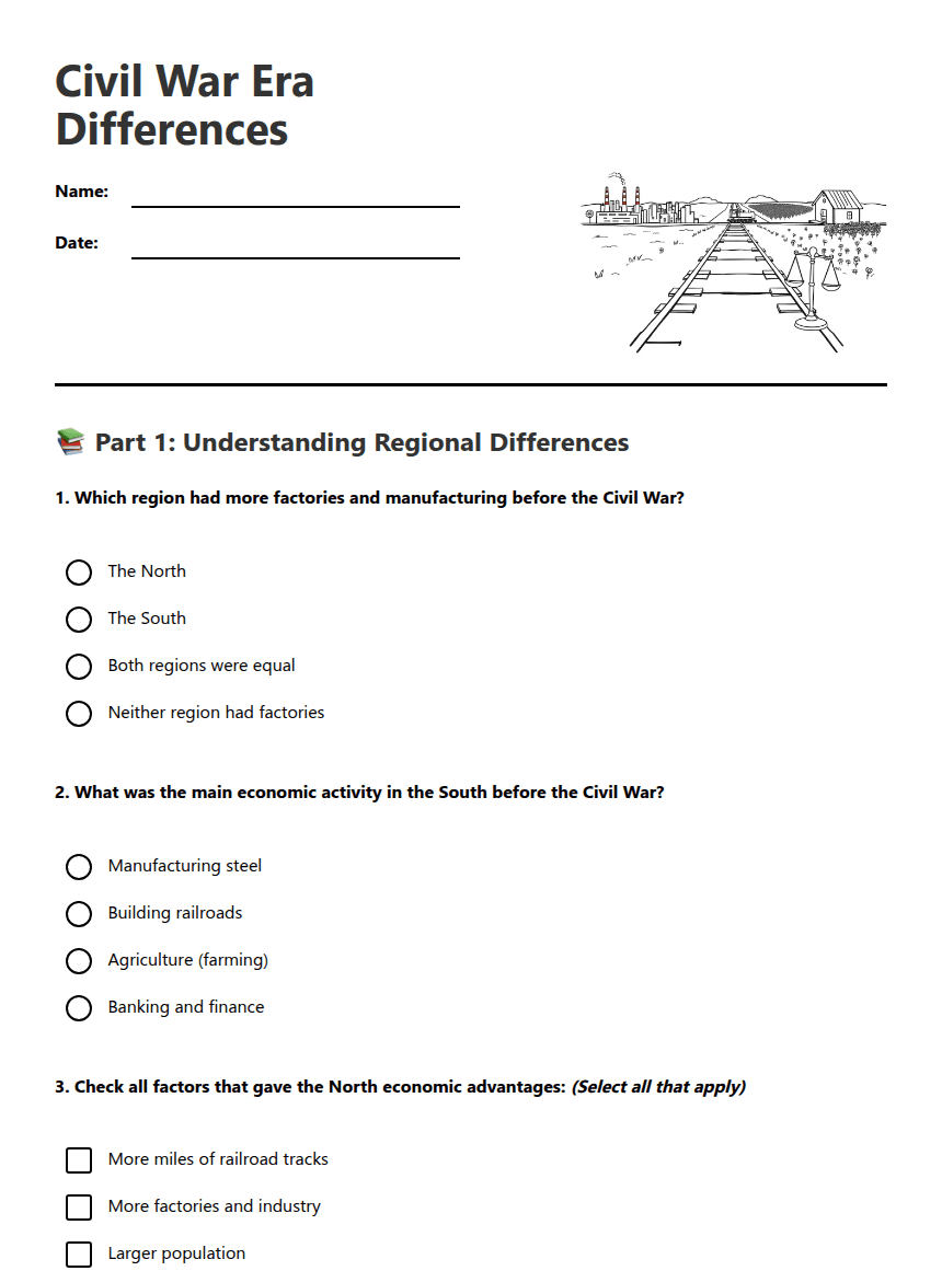 Civil War Era Differences worksheet preview