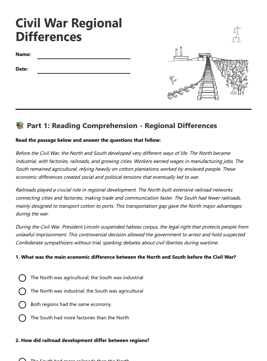 Civil War Regional Differences worksheet preview