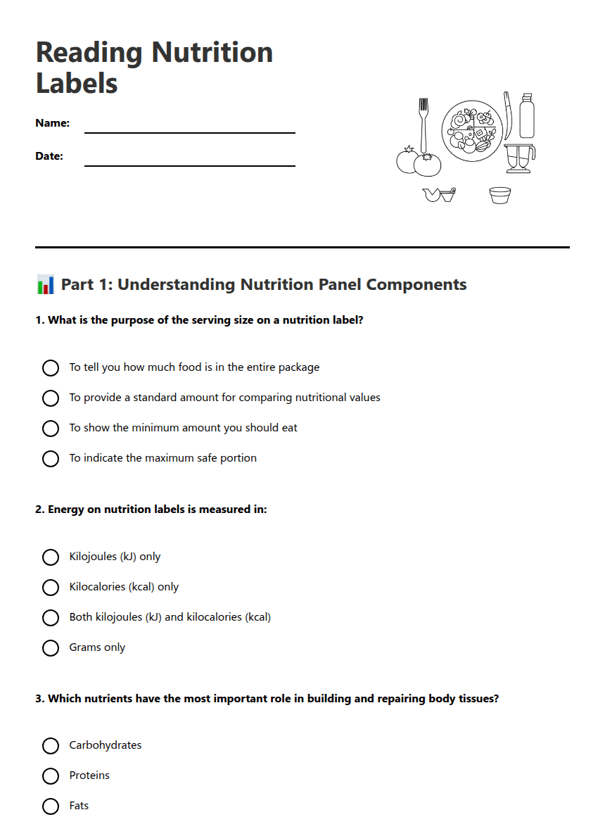 Reading Nutrition Labels worksheet preview