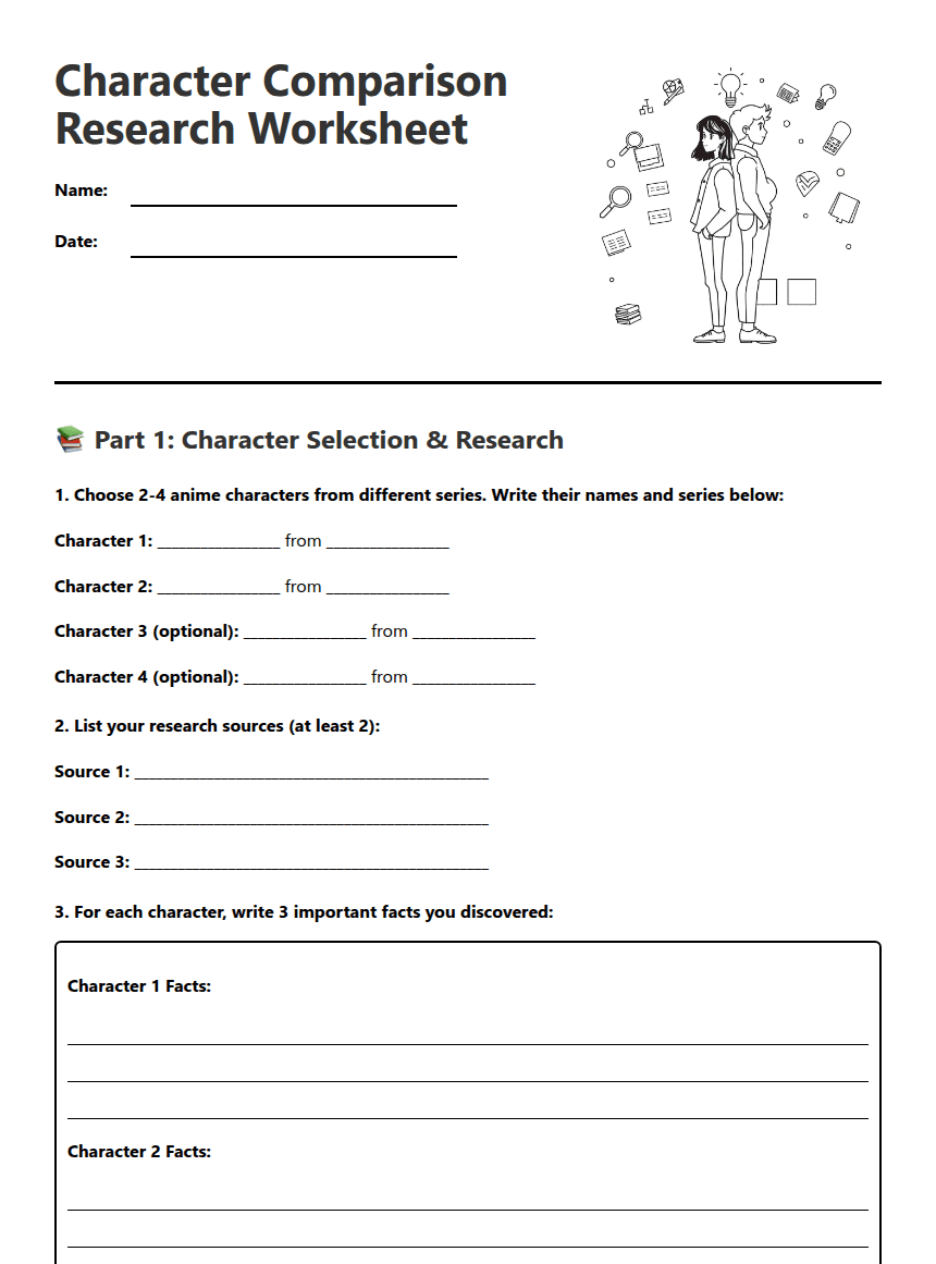 Character Comparison Research Worksheet worksheet preview