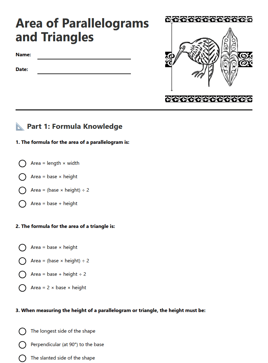 Area of Parallelograms Triangles worksheet preview