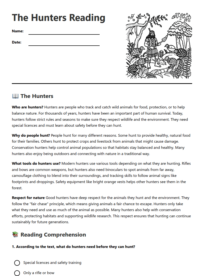 The Hunters Reading worksheet preview