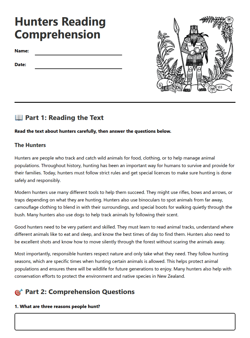 Hunters Reading Comprehension worksheet preview