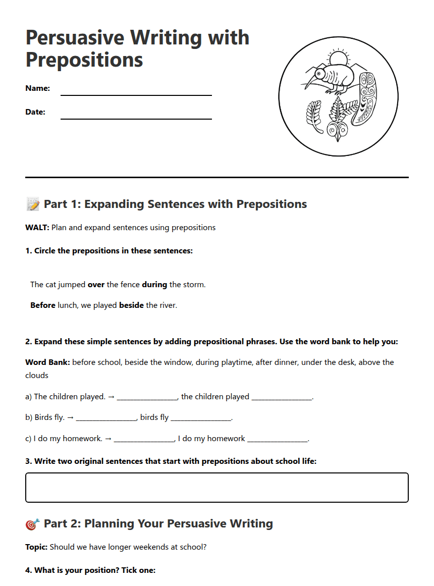 Persuasive Writing with Prepositions worksheet preview