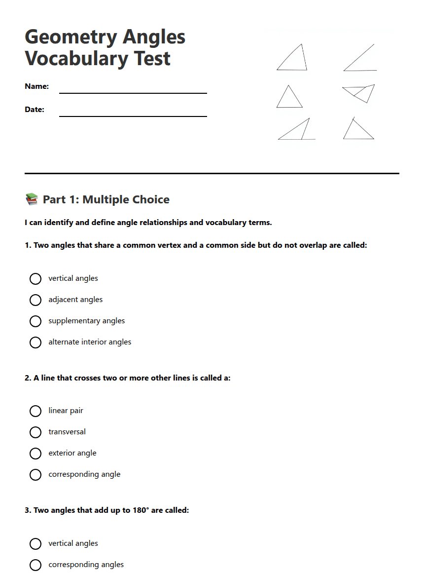 Geometry Angles Vocabulary Test worksheet preview