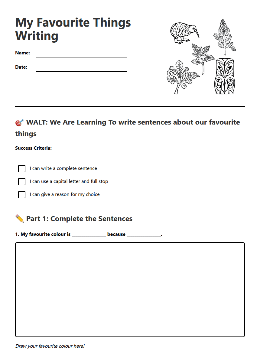 My Favorite Things Writing worksheet preview