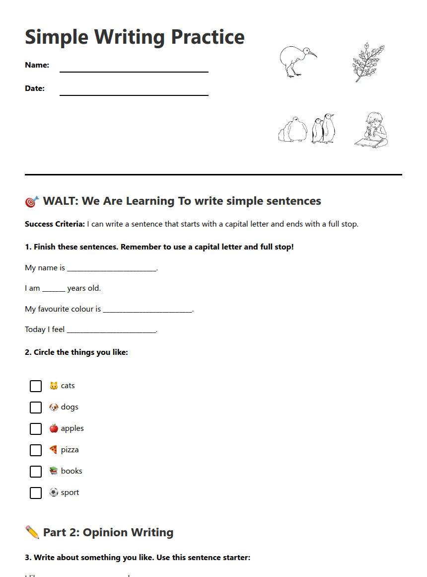 Simple Writing Practice worksheet preview