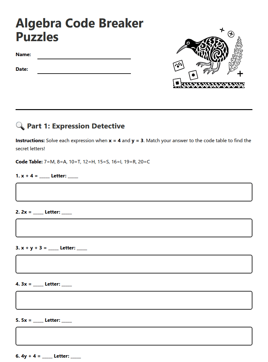 Algebra Code Breaker Puzzles worksheet preview