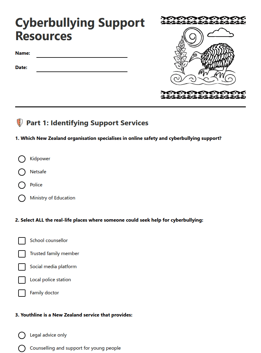 Cyberbullying Support Resources worksheet preview