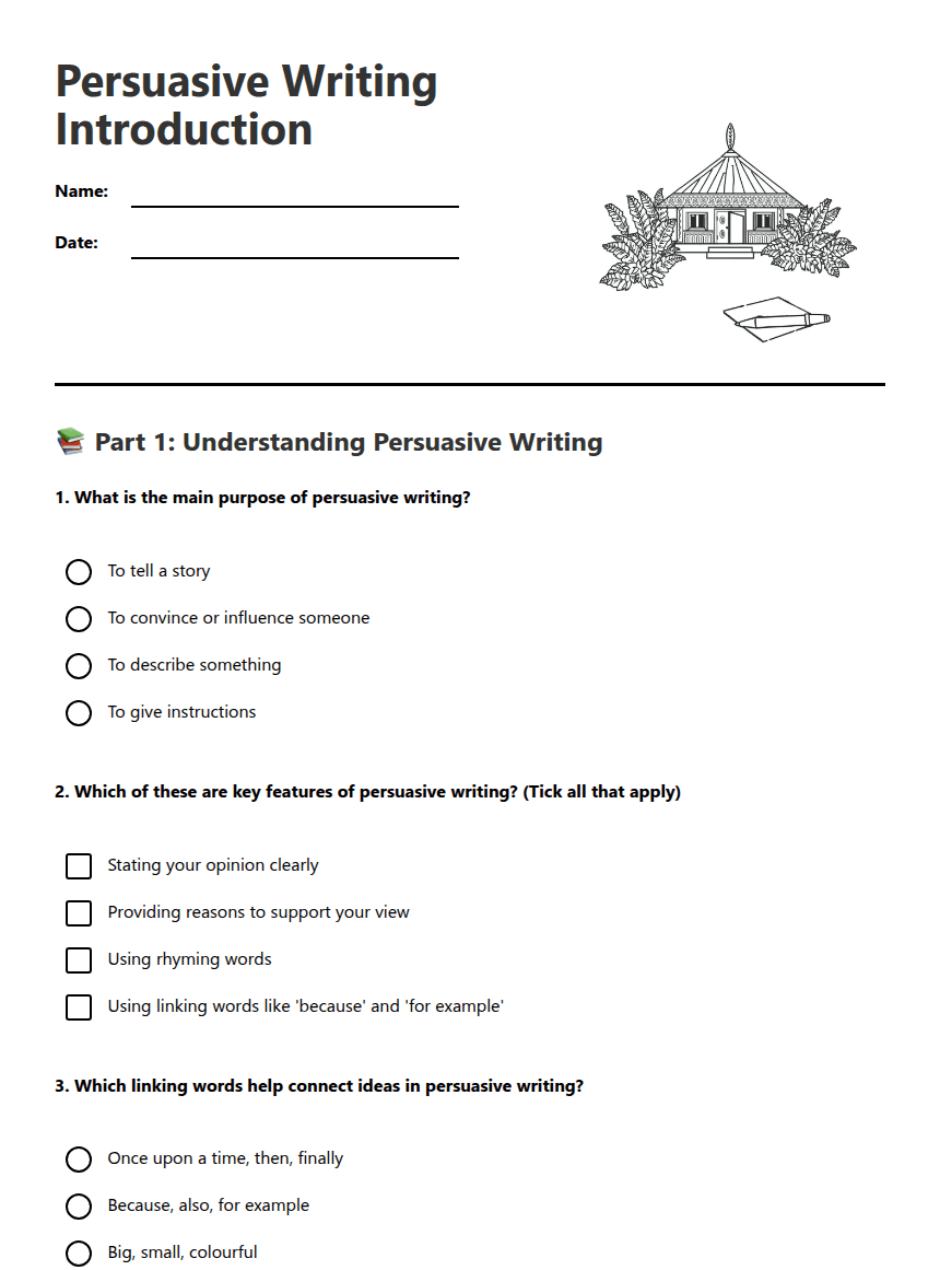 Persuasive Writing Introduction worksheet preview