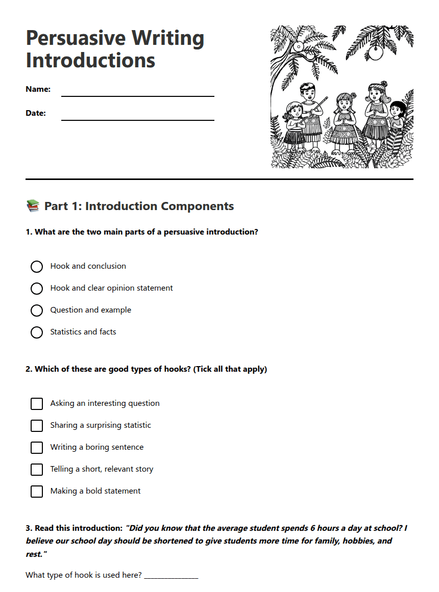 Persuasive Writing Introductions worksheet preview