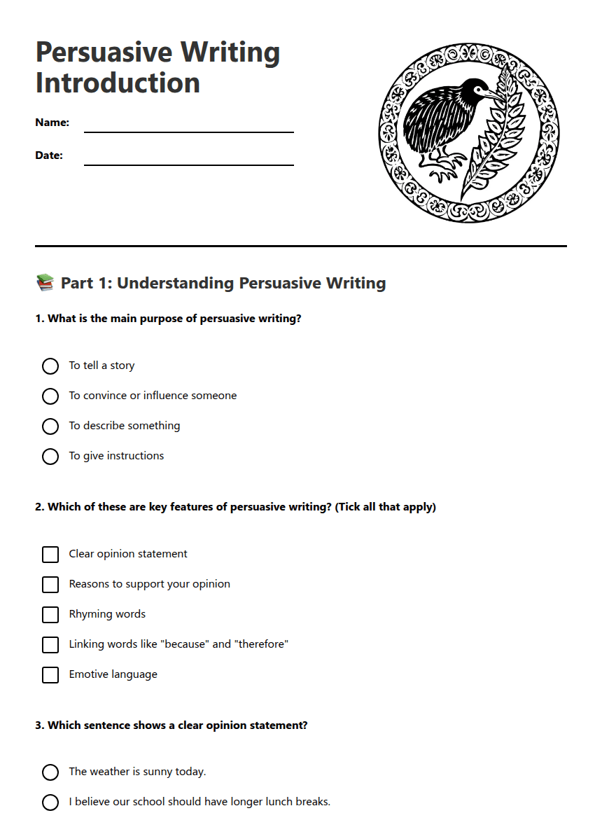 Persuasive Writing Introduction worksheet preview