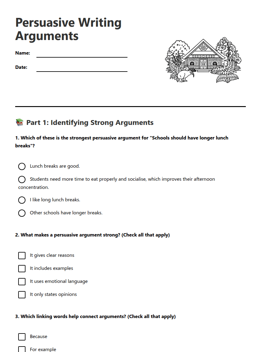 Persuasive Writing Arguments worksheet preview