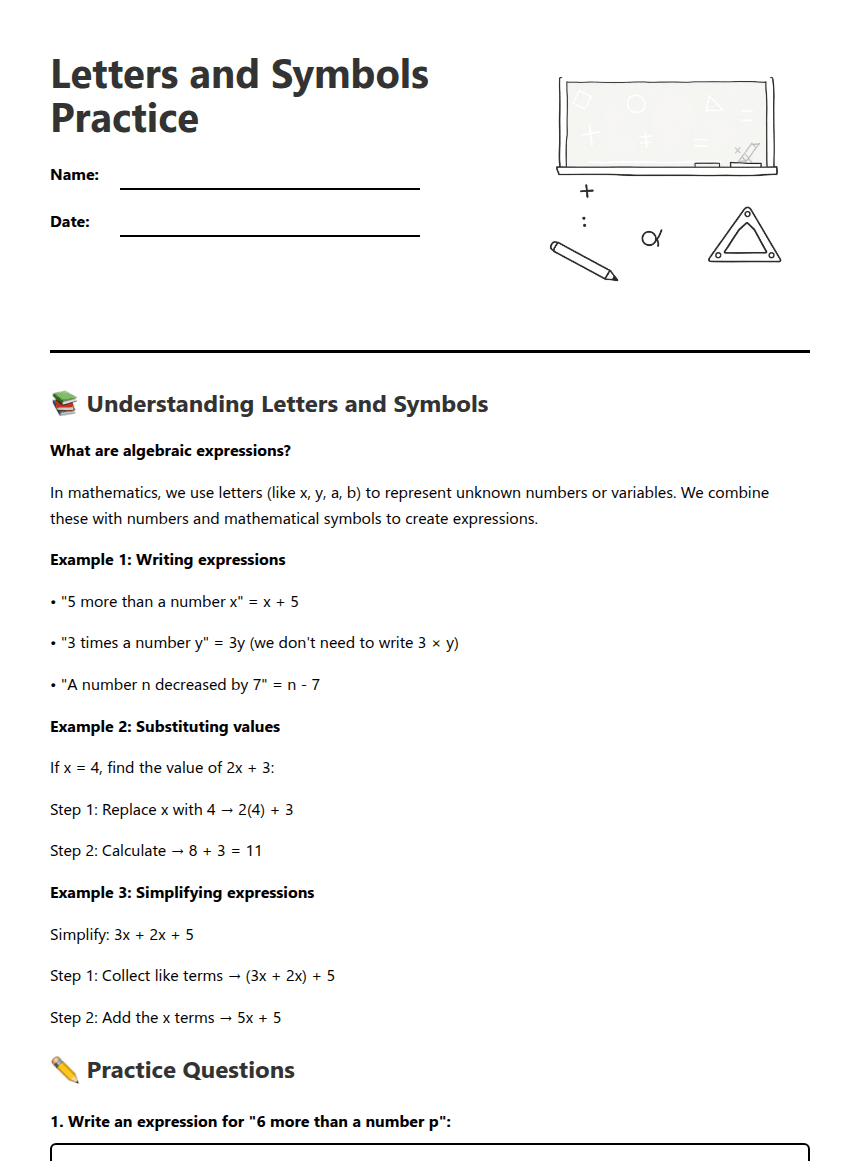 Letters and Symbols Practice worksheet preview