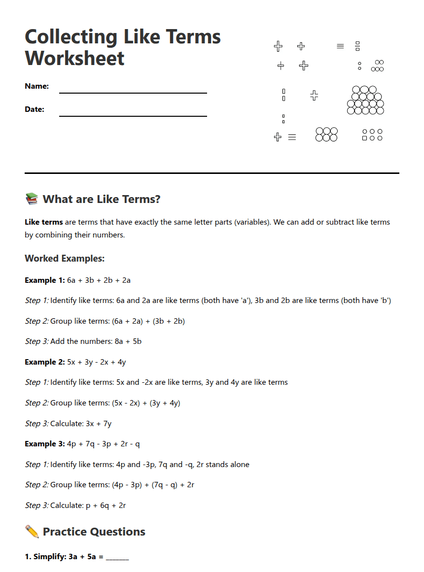 Collecting Like Terms Worksheet worksheet preview