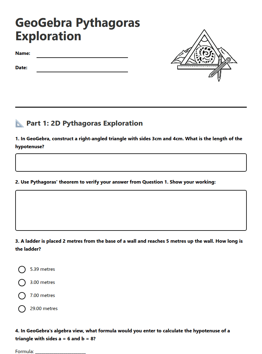 GeoGebra Pythagoras Exploration worksheet preview
