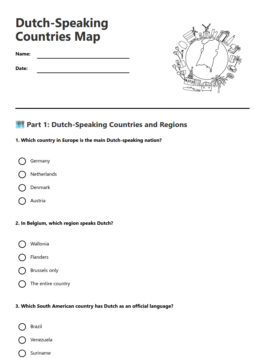 Dutch-Speaking Countries Map worksheet preview