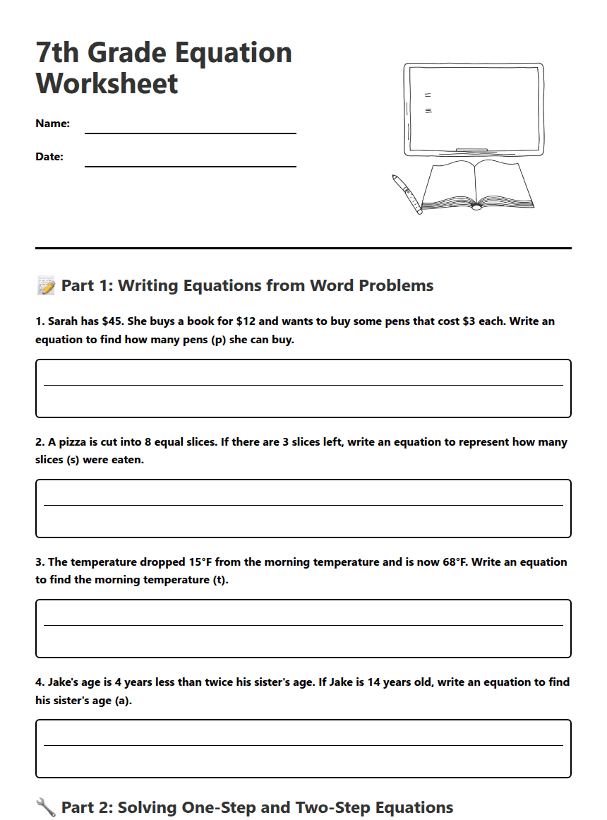 7th Grade Equation Worksheet worksheet preview