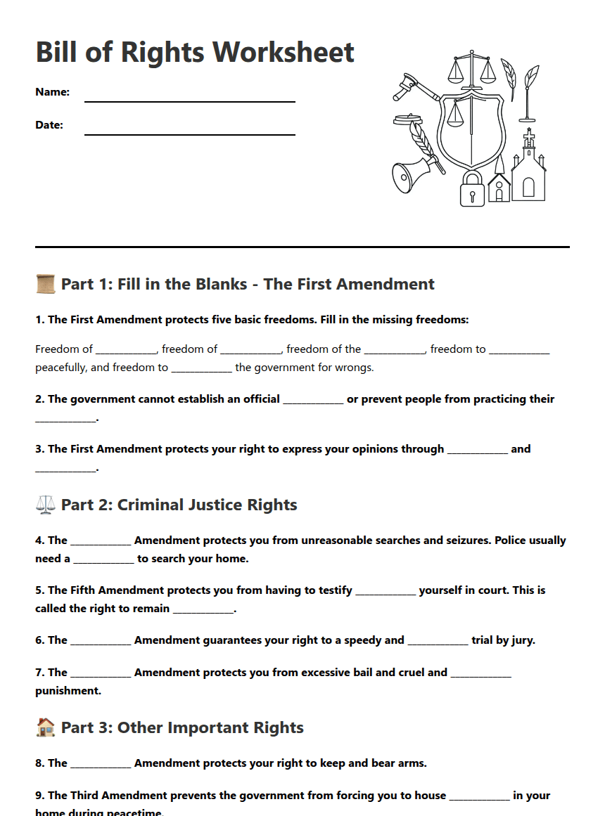 Bill of Rights Worksheet worksheet preview
