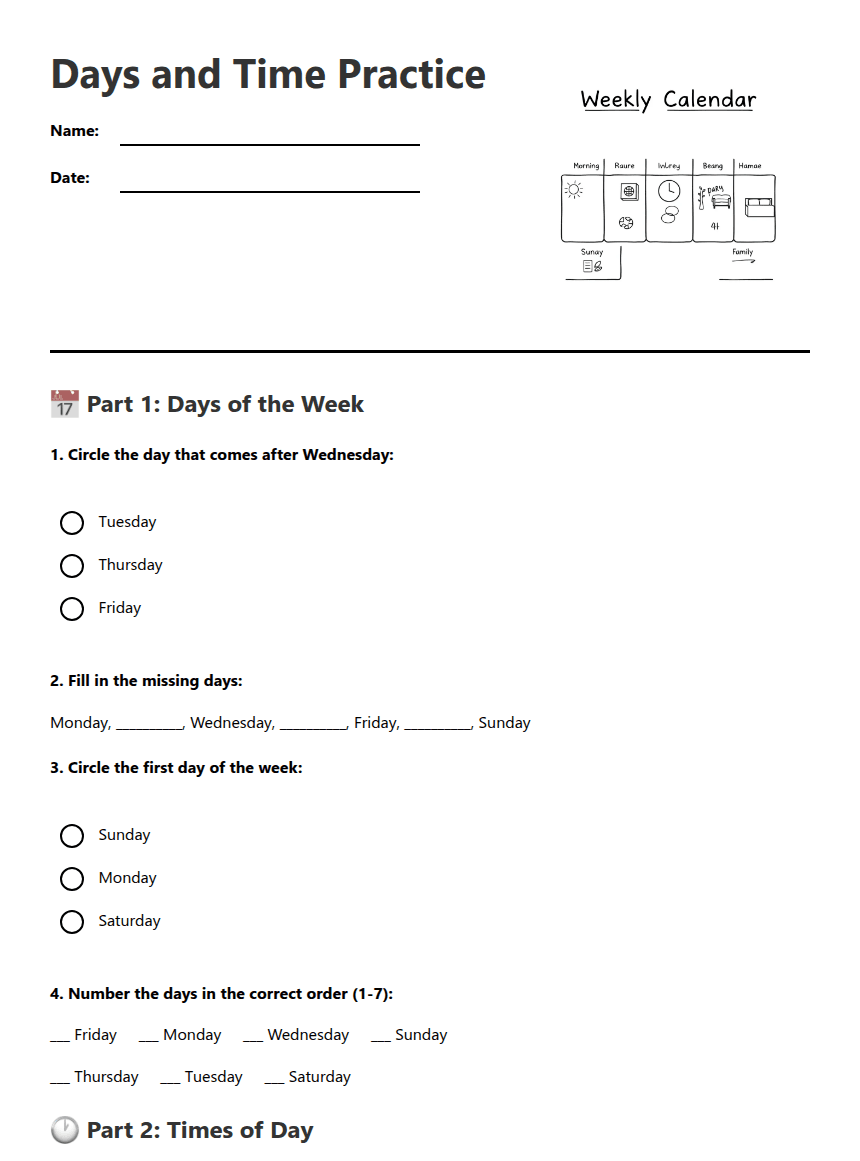 Days and Time Practice worksheet preview