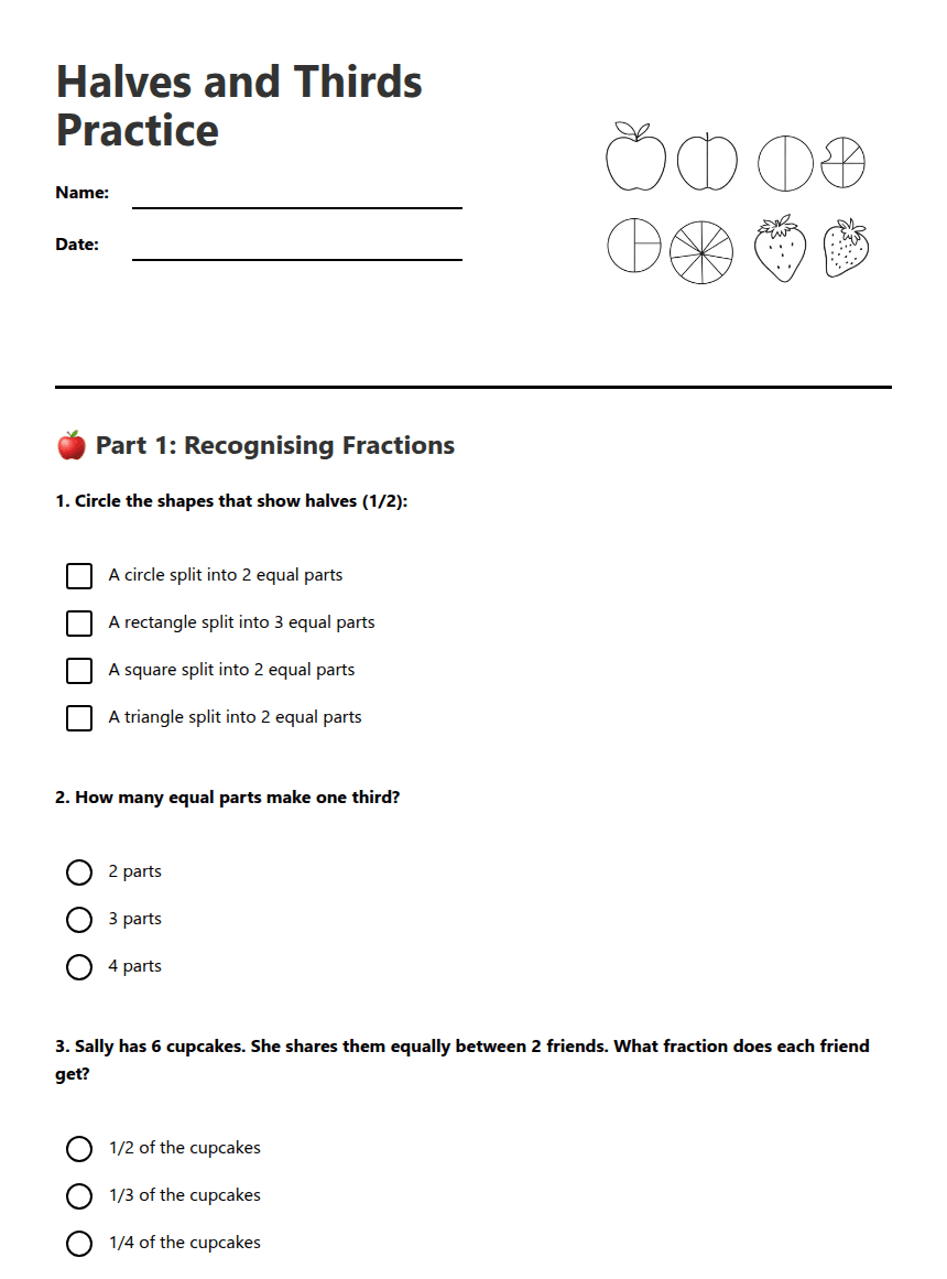 Halves and Thirds Practice worksheet preview